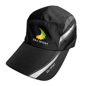 The ZJ SPORT Unisex Quick Dry Adjustable Cap features a black design with white stitching, a logo of colorful abstract leaves above Z&J SPORT, plus a moisture-wicking sweatband, reflective elements, UV protection, and a stylish curved brim.