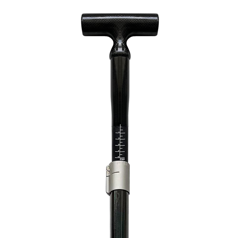 A black cane with a T-shaped handle resembles the ZJ Full Carbon Fiber Flatwater Canoe Paddle by ZJ SPORT, featuring adjustable height marked in units and a sleek design with a silver adjustment clamp near the center.