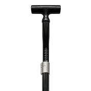 A black cane with a T-shaped handle resembles the ZJ Full Carbon Fiber Flatwater Canoe Paddle by ZJ SPORT, featuring adjustable height marked in units and a sleek design with a silver adjustment clamp near the center.