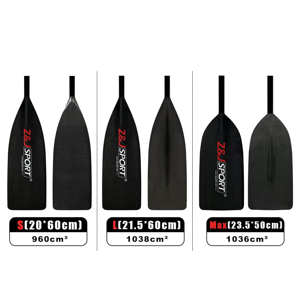 Four sleek black ZJ Full Carbon Fiber Flatwater Canoe Paddles are on display, crafted with cutting-edge carbon fiber. Labeled S (960cm²), L (1038cm²), and Max (1036cm²), each features the ZJ SPORT logo in red and white, perfect for flatwater canoe adventures.