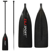 Three black unassembled paddles appear with a sleek carbon-fiber design. The ZJ SPORT logo in white and red stands out on the ZJ Full Carbon Fiber Flatwater Canoe Paddle. Two paddles are vertical, and one is horizontal, highlighting the blade.