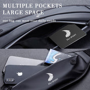 A close-up of the ZJ SPORT PU Leather Waterproof Double Pocket Waist Bag by zijie highlights its spacious design. The top pocket holds a Z&J Sport card, while the lower pocket secures a smartphone with earbuds visible through the headphone hole. Text reads, Multiple Pockets Large Space.