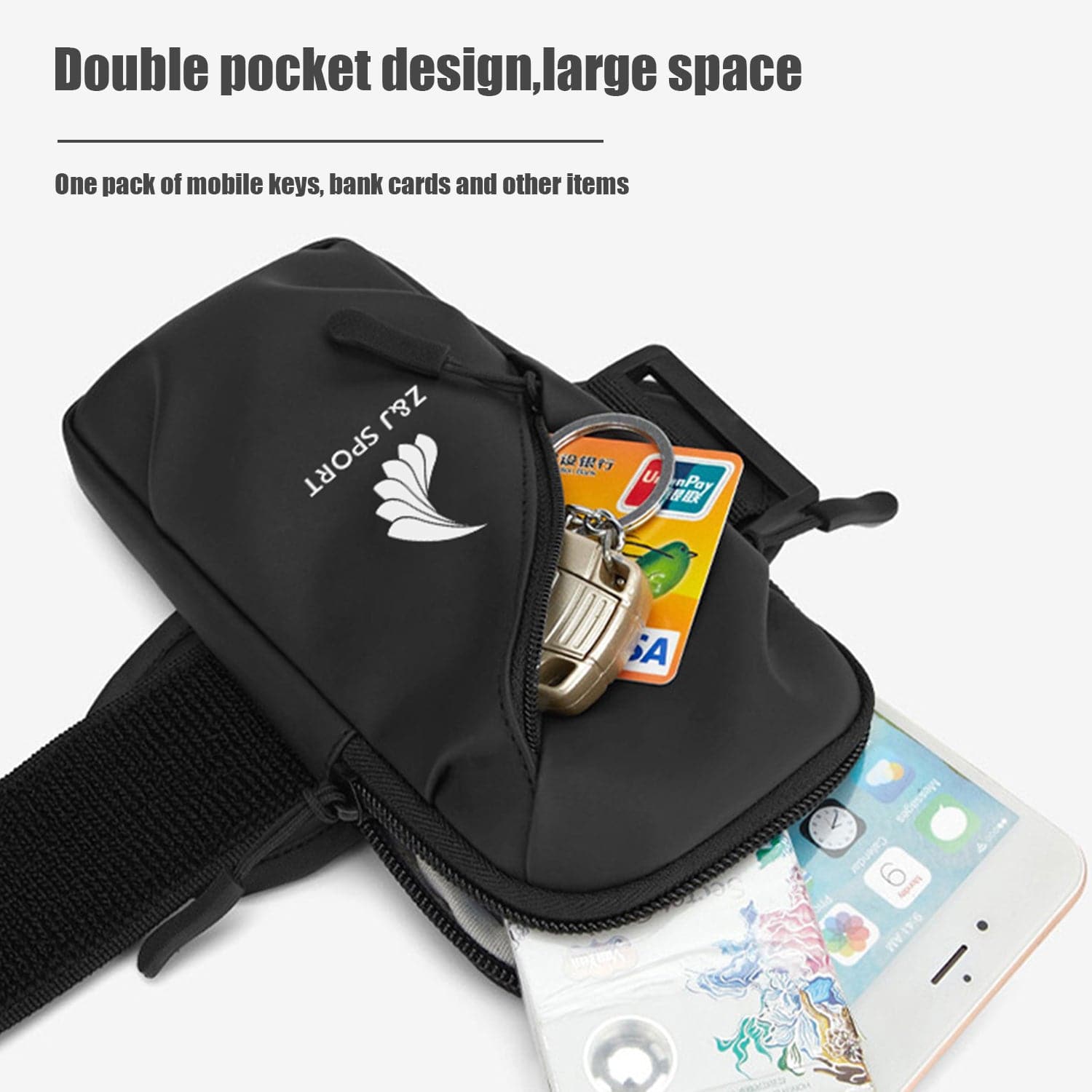 The ZJ SPORT Unisex Outdoor Sports Waterproof Double Pockets Arm Bag by zijie offers a sleek design with ample space, showcasing a key fob, credit card, and smartphone. Featuring Double pocket design, large space with convenience for mobile keys and bank cards. Enjoy free shipping!.