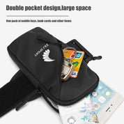 The ZJ SPORT Unisex Outdoor Sports Waterproof Double Pockets Arm Bag by zijie offers a sleek design with ample space, showcasing a key fob, credit card, and smartphone. Featuring Double pocket design, large space with convenience for mobile keys and bank cards. Enjoy free shipping!.