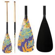 The ZJ SPORT ZJ Hybrid Outrigger Canoe Steering Paddle offers three views: front, side, and back. The front displays a vibrant floral design in purple, orange, and green against a solid black back. It features a handcrafted wood shaft and anti-skid textured black grip for comfort.