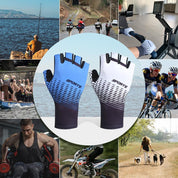 A vibrant collage highlights outdoor and fitness activities like fishing, biking, horse-walking, rowing, motorcycling, and weightlifting. Central are two pairs of durable sports gloves—one blue and one white—with SPORTS boldly displayed; these are the zijie Z&J SPORT UV Protection Fingerless Rowing Gloves.