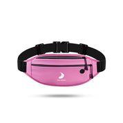 The ZJ SPORT waist bag by zijie features waterproof pink PU leather, a black adjustable strap and buckle, zippered compartments, a headphone hole, and the ZZJ Sport logo. Designed for outdoor activities, it also includes reflective elements for enhanced visibility.