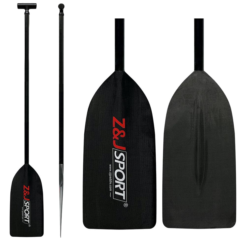The ZJ SPORT branding adorns two black canoe paddles, one fully assembled and the other unassembled. The ZJ Full Carbon Fiber Flatwater Canoe Paddle boasts an elegant design with an adjustable carbon fiber-like texture, ideal for flatwater canoeing.