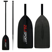 The ZJ SPORT branding adorns two black canoe paddles, one fully assembled and the other unassembled. The ZJ Full Carbon Fiber Flatwater Canoe Paddle boasts an elegant design with an adjustable carbon fiber-like texture, ideal for flatwater canoeing.