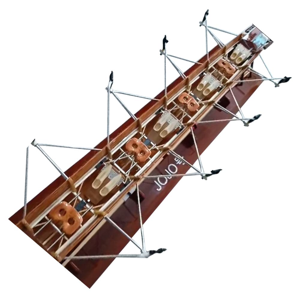 The ZJ Handcrafted Rowing Boat Model Miniature by zijie showcases a multi-row wooden rowing boat with paddles, oars, and metal seating framework, elegantly displayed on a base labeled Joko SS.