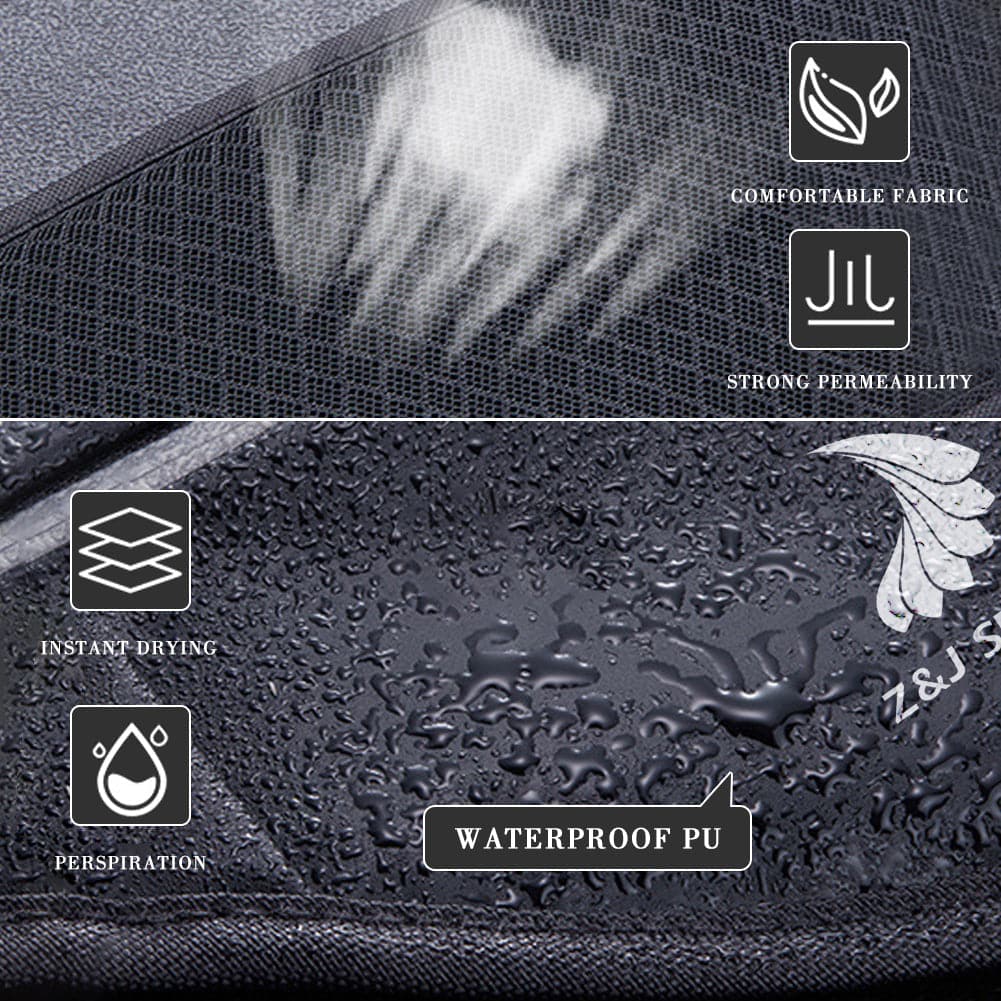 A close-up of the ZJ SPORT PU Leather Waterproof Double Pocket Waist Bag by zijie displays waterdrops, highlighting its instant drying, comfortable fabric with strong permeability, and a waterproof design. Ideal for outdoor activities, it includes a headphone hole and features reflective strap and logo.