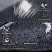 A close-up of the ZJ SPORT PU Leather Waterproof Double Pocket Waist Bag by zijie displays waterdrops, highlighting its instant drying, comfortable fabric with strong permeability, and a waterproof design. Ideal for outdoor activities, it includes a headphone hole and features reflective strap and logo.