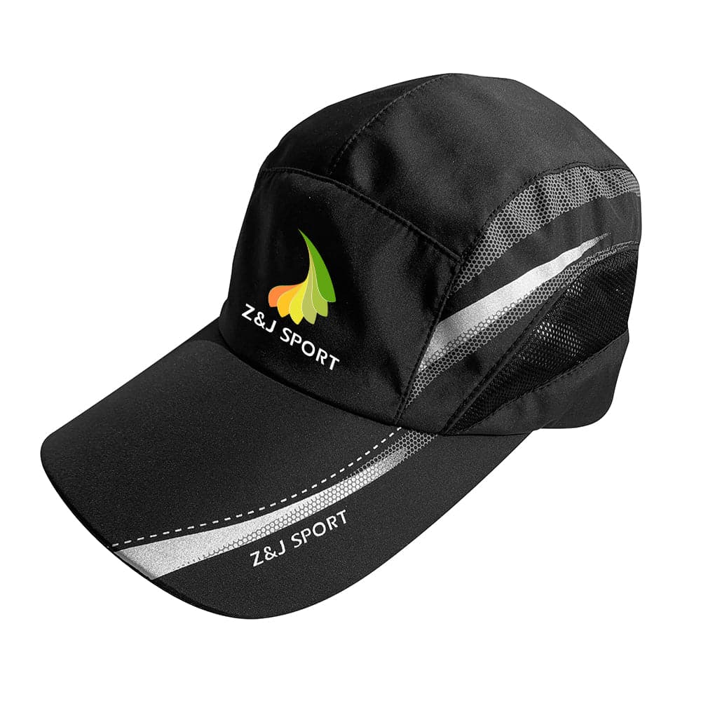 The Z&J SPORT Unisex Quick Dry Adjustable Cap for Outdoor Sports features a black design with curved brim, gray and white diagonal stripes, and two Z&J SPORT logos. A colorful leaf logo decorates the front panel, and a moisture-wicking sweatband ensures comfort during activities.