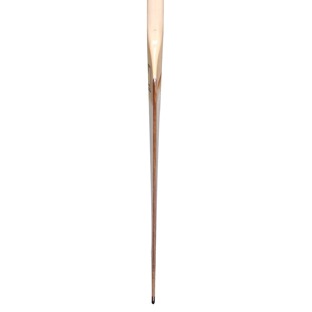 Close-up of a ZJ SPORT Wooden Dragon Boat Paddle tip. The image shows a top-down view, showcasing the tapered, smooth shaft with fiberglass reinforcement and the small black tip on a plain white background.