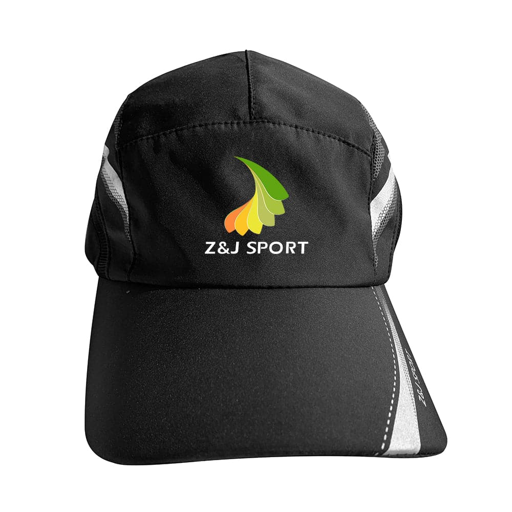The ZJ SPORT unisex quick-dry adjustable cap features a black design with the Z&J Sport logo and colorful leaf pattern in green, yellow, and orange. It includes UV protection, a moisture-wicking sweatband, and white stitching on the brim and sides for comfort and style.