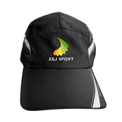 The ZJ SPORT unisex quick-dry adjustable cap features a black design with the Z&J Sport logo and colorful leaf pattern in green, yellow, and orange. It includes UV protection, a moisture-wicking sweatband, and white stitching on the brim and sides for comfort and style.