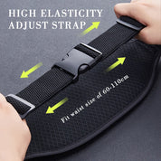 Hands adjusting a black elastic strap with a plastic buckle on a textured surface. Text reads High Elasticity Adjust Strap with arrows showing adjustability. Additional text: zijie ZJ SPORT PU Leather Waterproof Waist Bag fits 60-110cm waist for outdoor activities, featuring double pockets and reflective logo.