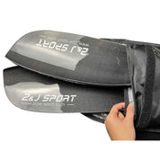 A person holds open a black carrying case with a waterproof layer, revealing two sleek, textured black carbon fiber fins labeled ZJ SPORT and displaying a website URL, perfect for protecting high-performance kayak paddles.