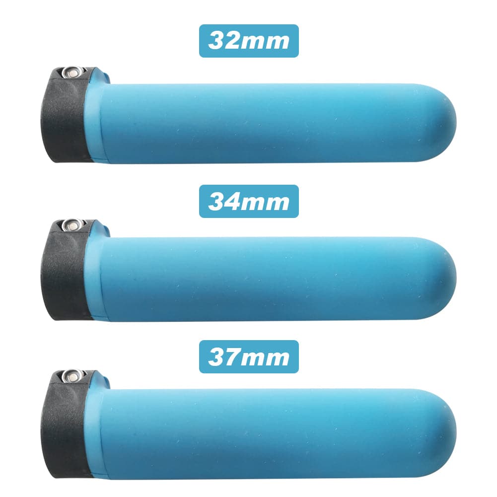 Three blue ZJ C2 Grips for sculling oars, resembling miniature oars and lined vertically, come with black caps and metal screws. Sizes labeled are 32mm, 34mm, and 37mm. Brand: zijie.