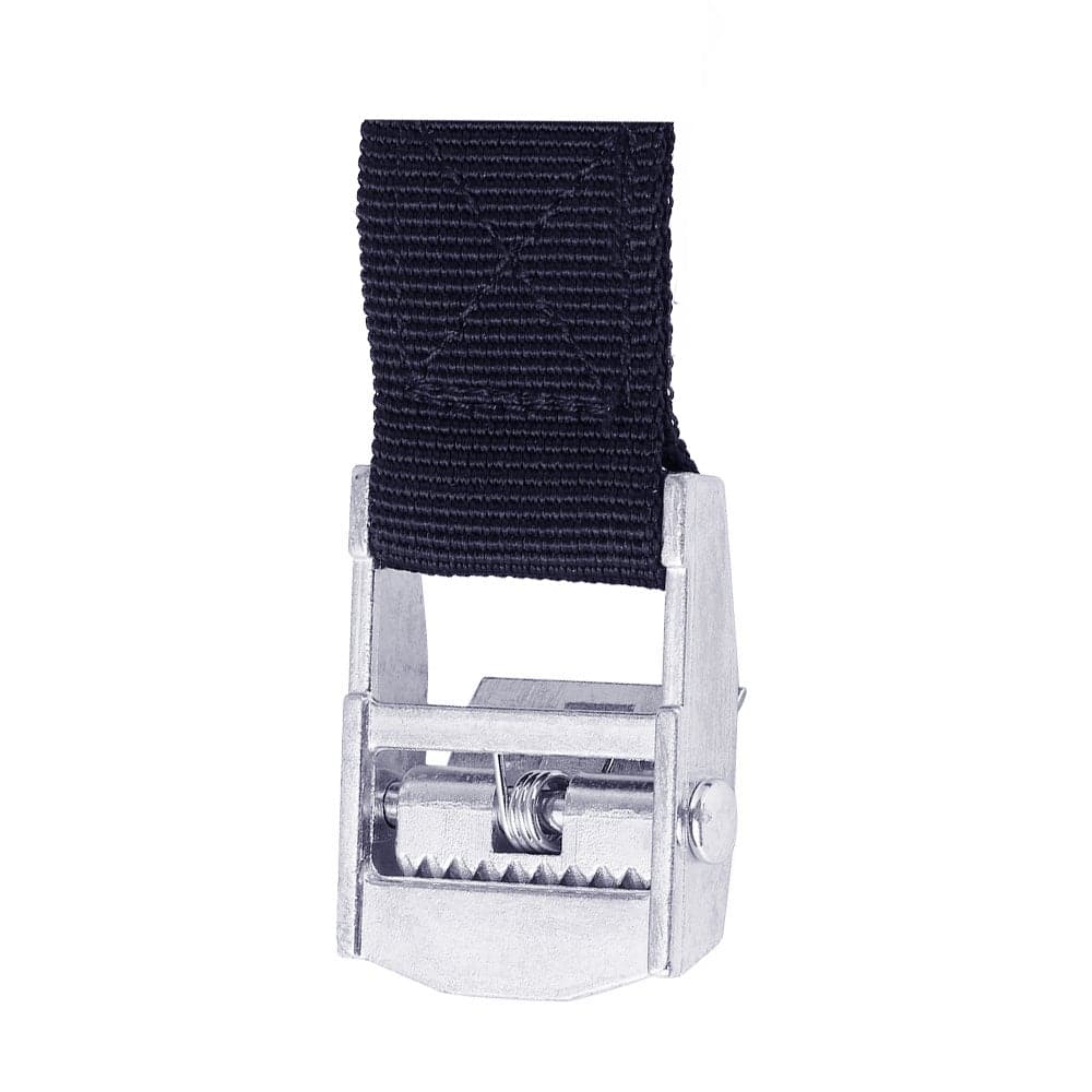 Close-up of the ZJ SPORT High Quality Durable Heavy Capability Cam Locking Buckle Tie Down Strap in black nylon, ideal for tie downs. The metal cam buckle features a serrated locking mechanism, and the strap is folded and stitched at the end for added strength.