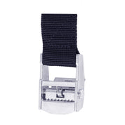 Close-up of the ZJ SPORT High Quality Durable Heavy Capability Cam Locking Buckle Tie Down Strap in black nylon, ideal for tie downs. The metal cam buckle features a serrated locking mechanism, and the strap is folded and stitched at the end for added strength.