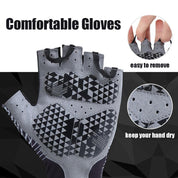 Zijies Z&J SPORT UV Protection Fingerless Breathable Outdoor Gloves in gray feature black geometric grips and Comfortable Gloves text. Key features: easy removal, dry hands, on a black-gray gradient background. Ideal for rowing, kayaking, or paddling.
