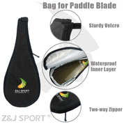 The ZJ SPORT Black Bag Cover for SUP and Outrigger Canoe Paddle Blade, featuring a logo, includes a sturdy Velcro strap, waterproof inner layer, EVA foam compartment for paddle protection, and easy-access two-way zippers with circular insets.