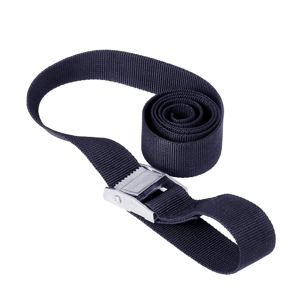 A partially rolled-up ZJ SPORT High Quality Durable Heavy Capability Cam Locking Buckle Tie Down Strap, made of black nylon with a metal cam buckle, is displayed on a plain white background, highlighting its smooth texture and simple design ideal for securely fastening gear.