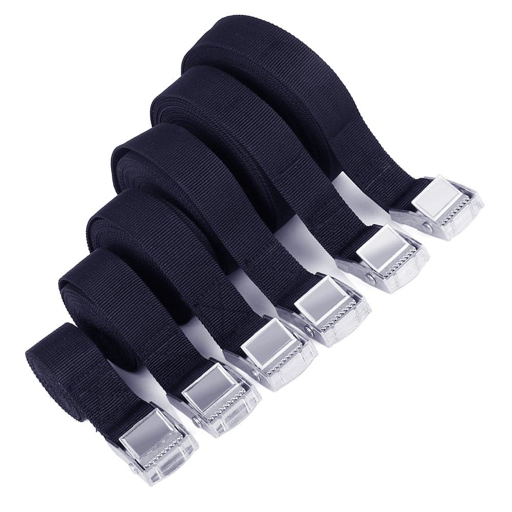 The ZJ SPORT High Quality Durable Heavy Capability Cam Locking Buckle Tie Down Strap set includes six black nylon straps with shiny silver cam buckles, organized from smallest to largest for a sleek appearance.