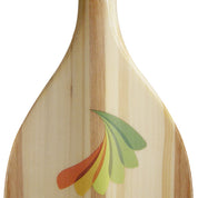 Close-up of the ZJ IDBF Approved Wooden Dragon Boat Paddle by ZJ SPORT, featuring a painted design with overlapping curves in green, yellow, and orange. The WDP has a visible wood grain texture and smooth finish, with fiberglass reinforcement for durability.