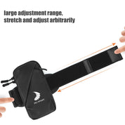 A close-up of the ZJ SPORT Unisex Outdoor Sports Waterproof Arm Bag, featuring a leaf logo and zijie. The black adjustable pouch has double pockets and a large elastic strap. Hands demonstrate its stretchability. Text above reads: large adjustment range, stretch and adjust arbitrarily.