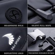 The ZJ SPORT PU Leather Waterproof Waist Bag by zijie showcases four features: a headphone hole, silent pull rope, reflective logo strap, and a durable buckle. Displayed in quadrants, its perfect for outdoor activities.