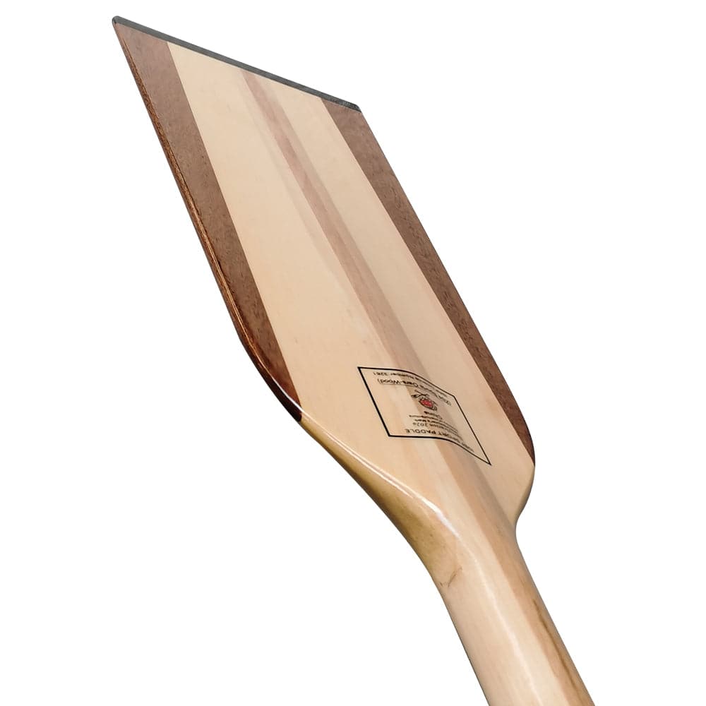 Close-up of the ZJ SPORT Wooden Dragon Boat Paddle (WDP) displaying a smooth, polished finish and pronounced spine. It features fiberglass reinforcement, two-toned wood stripes, a slight curve, and enhanced edges for performance, with the manufacturers label near the handle.