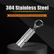 The image features a ZJ SPORT ZJ Stainless Steel Emergency Survival Whistle with carabiner and lanyard, crafted from 304 steel with a double tube design. It boasts exceptional airflow and high decibel output, elegantly placed on a dark pedestal against a black background.