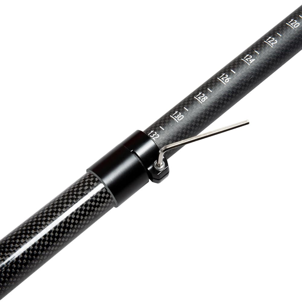 A close-up of the ZJ SPORT Adjustable Carbon Dragon Boat Paddle features centimeter markings, an adjustable lock mechanism with a metal lever to secure length, and a sleek industrial design similar to an IDBF approved paddle.
