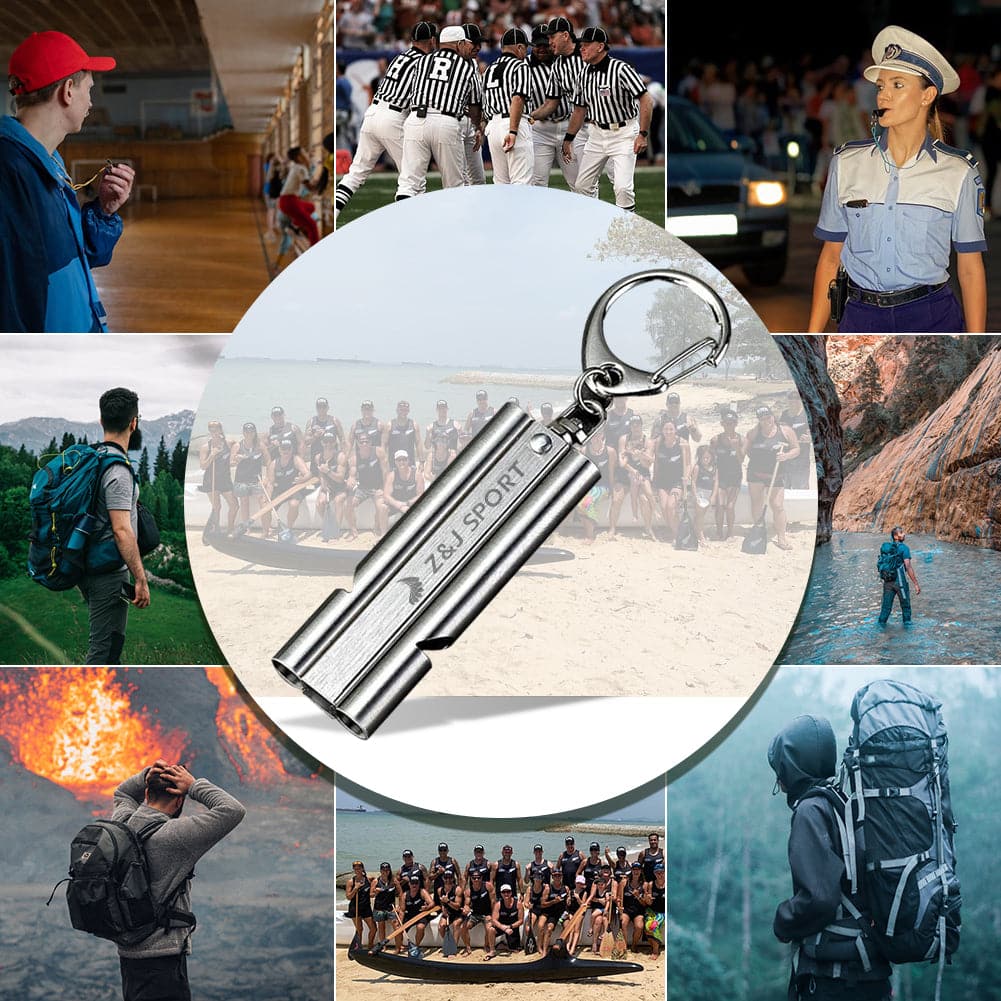 A collage showcases outdoor and professional scenes centered on a ZJ SPORT ZJ Stainless Steel Emergency Survival Whistle. Surrounding images feature referees, a police officer, hikers, kayakers, a coach, a cliff jumper, and two photos of rowers on water.