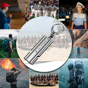 A collage showcases outdoor and professional scenes centered on a ZJ SPORT ZJ Stainless Steel Emergency Survival Whistle. Surrounding images feature referees, a police officer, hikers, kayakers, a coach, a cliff jumper, and two photos of rowers on water.