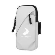 The ZJ SPORT Unisex Outdoor Sports Waterproof Double Pockets Arm Bag by Zijie features a gray design with a zippered pocket, headphone access slot, adjustable strap, and fashion logo with stylized wings.