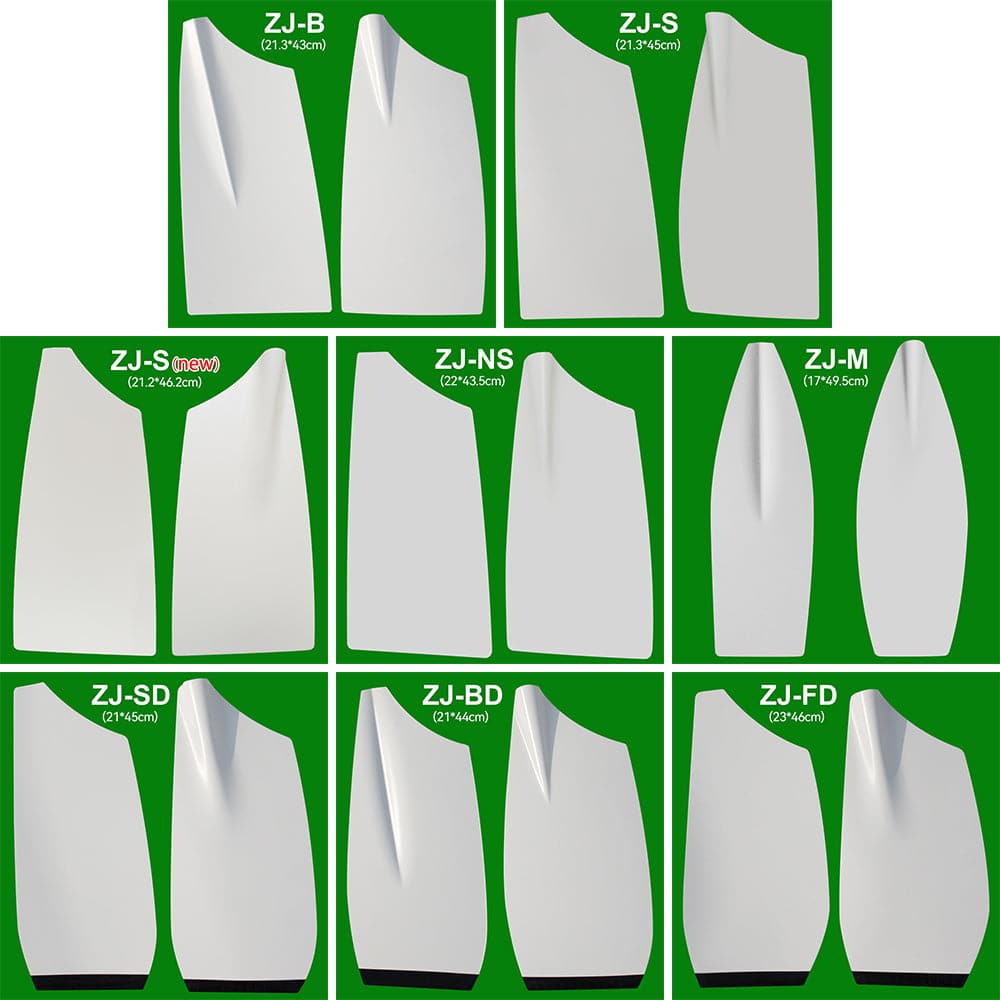 Image displaying nine pairs of ZJ Blade For Sculling Oars, by ZJ SPORT, against a green background. Each pair is labeled with codes like ZJ-B and ZJ-S, showing measurements in centimeters. Designs vary in curvature and size.