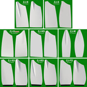 Image displaying nine pairs of ZJ Blade For Sculling Oars, by ZJ SPORT, against a green background. Each pair is labeled with codes like ZJ-B and ZJ-S, showing measurements in centimeters. Designs vary in curvature and size.