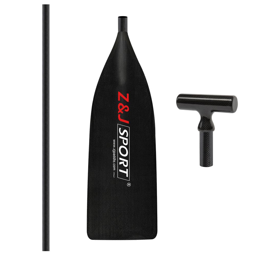 A sleek black ZJ Full Carbon Fiber Flatwater Canoe Paddle (Unassembled) from ZJ SPORT, featuring the brands name in white and red, made with lightweight carbon fiber blade, shaft, and T-grip handle—perfect for flatwater canoe adventures.