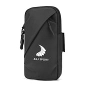 The ZJ SPORT Unisex Outdoor Sports Arm Bag by zijie, featuring a black zippered design with a white stylized logo, is waterproof with a fashionably simple double pockets layout and includes a side slot to securely hold your phone during exercise. Enjoy free shipping!.