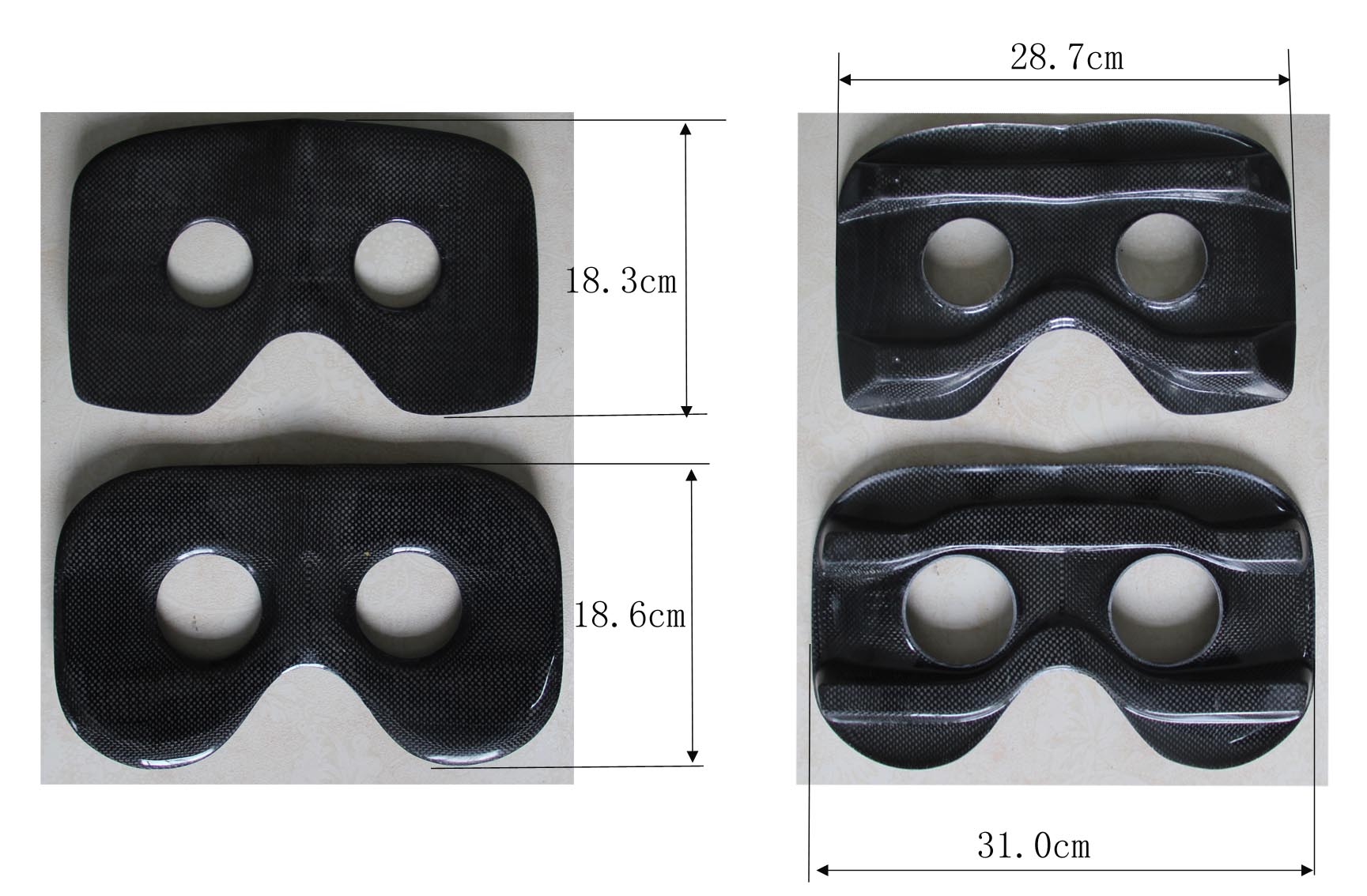 The ZJ SPORT Carbon Fiber Seat Top Pad includes four textured black eye mask molds: the top measures 28.7x18.3 cm, and the bottom 31.0x18.6 cm, each with two eye holes—ideal for rowing adventures under the sun!.