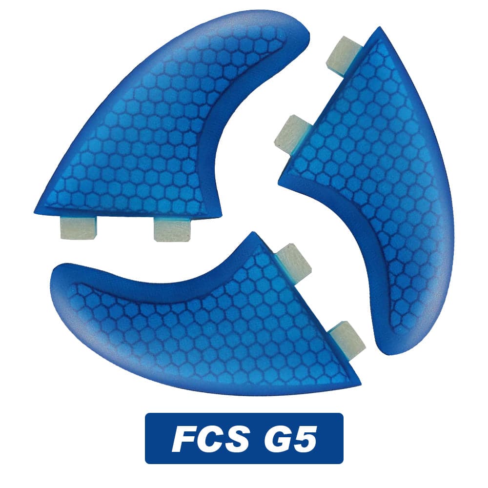 The ZJ SPORT ZJ Fins for Supboard feature a blue honeycomb pattern, designed to enhance your wave-riding skills. Arranged in a circle, they display FCS G5 in white text against the blue background, with free shipping included.