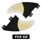 Two ZJ SPORT surfboard tail fins for SUP, featuring a black and beige carbon fiber-like pattern, are placed side by side against a white background, highlighting their sleek design. Below them, a black label with ZJ Fins in white text shows theyre the perfect companion to master the waves. Free shipping included.