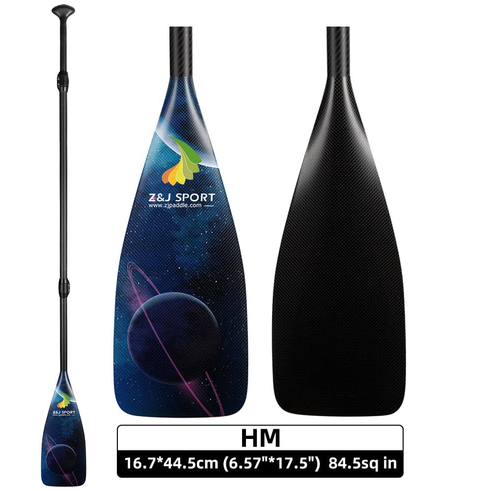 Image of a ZJ 3-Piece Carbon SUP Paddle by ZJ SPORT featuring a galaxy design and planets. Its adjustable, measuring 16.7 x 44.5cm (6.57 x 17.5) with an area of 84.5 sq in.