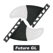 Two black and white ZJ Fins for Supboard from ZJ SPORT, featuring honeycomb patterns, mirror each other to form a circular shape. Future GL appears in bold white font on a dark background—a perfect surfing companion to master the waves. Enjoy free shipping!.