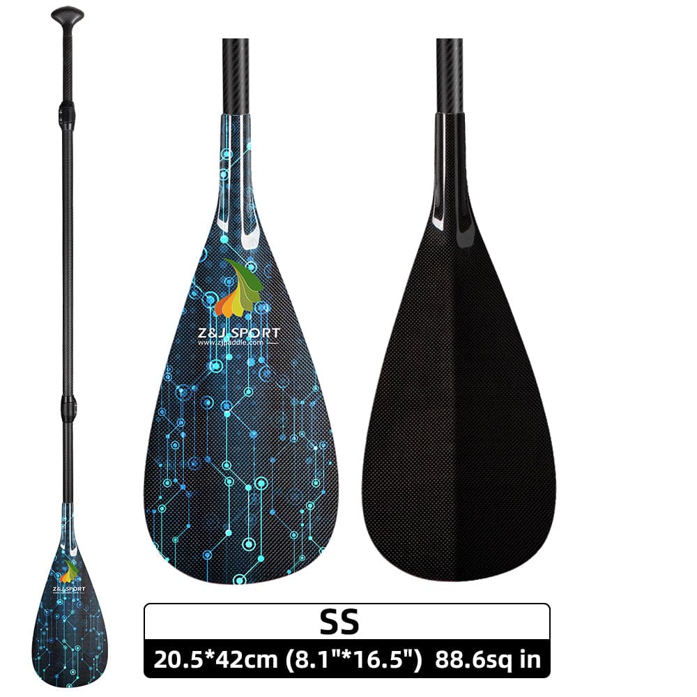 The ZJ SPORT Carbon SUP paddle features a black blade with a blue circuit pattern, green/yellow flame logo, and Z&J SPORT branding. Made from carbon fiber, it measures 20.5x42 cm and offers adjustable length for optimal performance across 88.6 sq in.