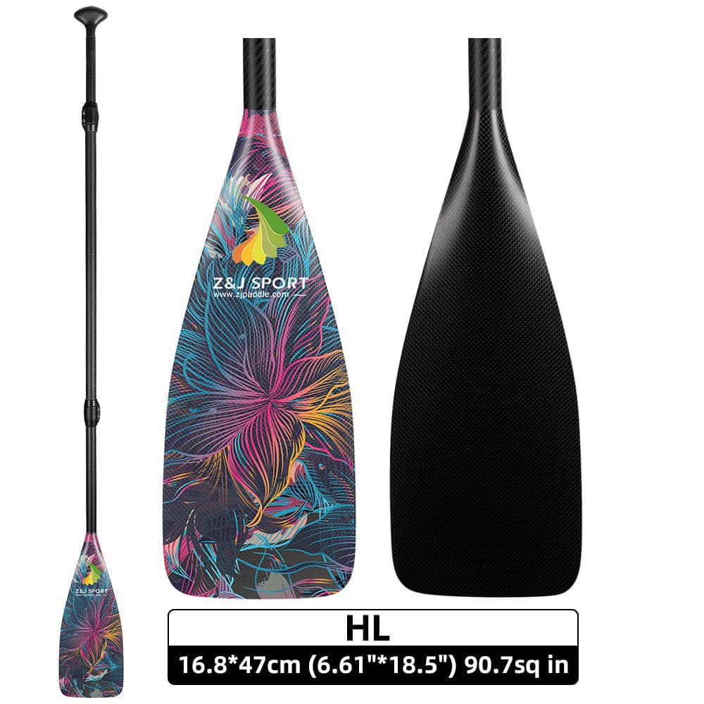 The ZJ SPORT ZJ 3-Piece Carbon SUP Paddle features a floral design on its carbon fiber blade. It has an adjustable length, shown fully extended, with visible dimensions and logo. The black textured handle ensures a firm grip.
