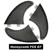 Three black honeycomb-patterned surfboard tail fins are arranged in a semicircle. Below them, the text reads ZJ Fins For for Supboard by ZJ SPORT against a black background, your perfect surfing companion to master the waves.